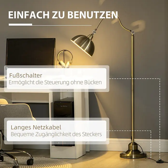 Homcom Stehleuchte - 40 W, Höhe: 152 cm, Bronze, Bronze - Eine Stehlampe aus antikem Messing mit verstellbarem Kopf steht neben einem Schreibtisch und verfügt über einen Fußschalter und ein langes Netzkabel.