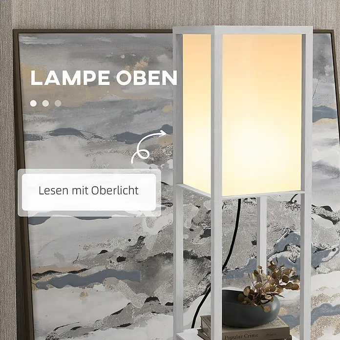 Homcom Stehleuchte - 40 W, Höhe: 160 cm, Weiß, Weiß, E27 - Weiße Stehlampe mit Regalen und integriertem Oberlicht zum Lesen und Aufbewahren.