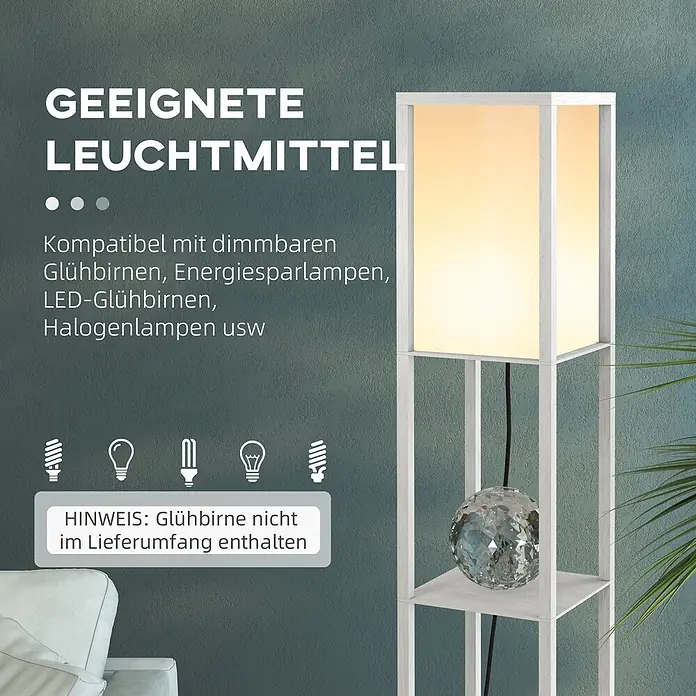 Homcom Stehleuchte - 40 W, Höhe: 160 cm, Weiß, Weiß, E27 - Weiße Stehlampe aus Holz mit Regalen, die ein warmes Licht abgibt. Auf einer Ablage befindet sich eine Kristallkugel.