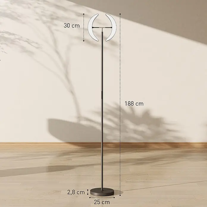 Homcom Stehleuchte - 30 W, Höhe: 188 cm, Schwarz, Schwarz - Moderne dunkelgraue Stehlampe mit mondförmigem weißen Licht, 188 cm hoch.