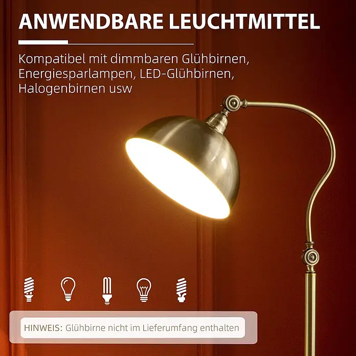 Homcom Stehleuchte - 40 W, Höhe: 152 cm, Bronze, Bronze - Eine messingfarbene Stehlampe mit gebogenem Arm und Kuppelschirm, die helles Licht abgibt.