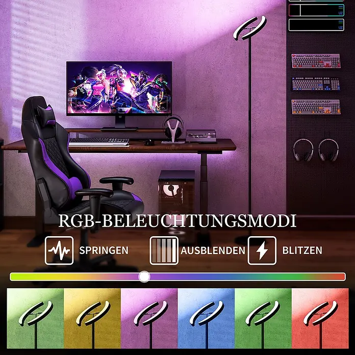 Homcom Stehleuchte - 30 W, Höhe: 188 cm, Schwarz, Schwarz - Schwarze RGB-Stehlampe beleuchtet ein Gaming-Zimmer mit anpassbaren Farblichtmodi.