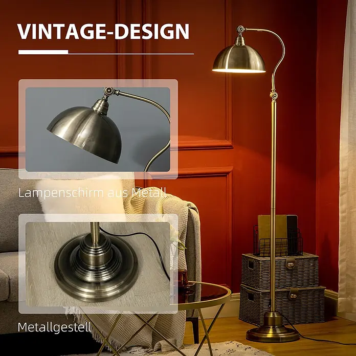 Homcom Stehleuchte - 40 W, Höhe: 152 cm, Bronze, Bronze - Stehleuchte im Vintage-Design aus Metall in Messingoptik mit gewölbtem Schirm, in einem gemütlichen Wohnzimmer.