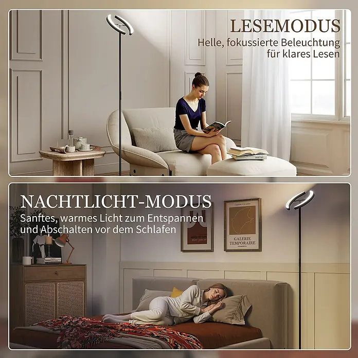 Homcom Stehleuchte - 30 W, Höhe: 188 cm, Schwarz, Schwarz - Schwarze Stehleuchte mit gebogenem, ringförmigem LED-Kopf, dargestellt mit hellem Leselicht und sanftem warmem Nachtlicht.
