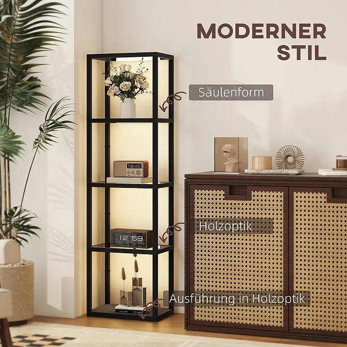 Homcom Stehleuchte - 35 W, Höhe: 157 cm, Schwarz, Schwarz - Hohes, modernes schwarzes Metallregal in Säulenform mit beleuchteten Ablagen, das Dekoartikel präsentiert.