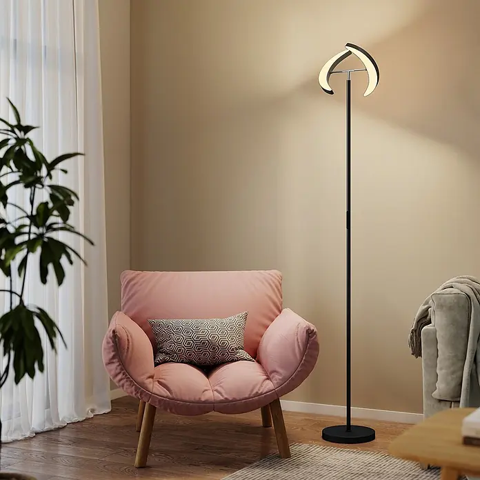 Homcom Stehleuchte - 30 W, Höhe: 188 cm, Schwarz, Schwarz - Schwarze Stehleuchte mit modernem, geschwungenem Leuchtkopf, die in einem Wohnzimmer Umgebungslicht spendet.