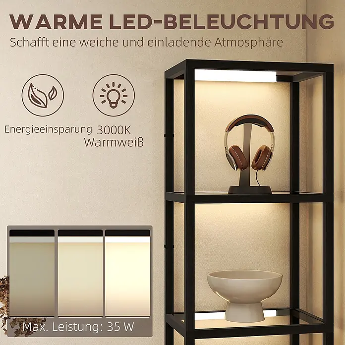 Homcom Stehleuchte - 35 W, Höhe: 157 cm, Schwarz, Schwarz - Schwarzes Regal mit integrierter warmer LED-Beleuchtung (3000K, max. 35W), die eine gemütliche Atmosphäre schafft. Verschiedene Helligkeitsstufen sind dargestellt.