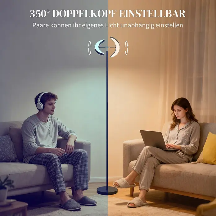 Homcom Stehleuchte - 30 W, Höhe: 188 cm, Schwarz, Schwarz - Stehleuchte mit um 350° verstellbarem Doppelkopf, bietet unabhängiges Kalt- und Warmlicht für zwei Personen.