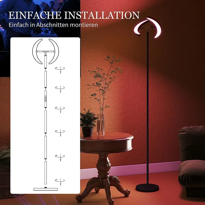 Homcom Stehleuchte - 30 W, Höhe: 188 cm, Schwarz, Schwarz - Schwarze Stehlampe mit geschwungenem LED-Kopf, pink-rotes Licht emittierend, im Raum mit Montageanleitung für einfache Installation.