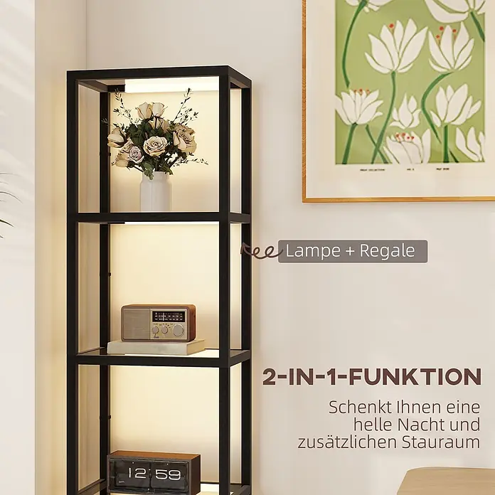 Homcom Stehleuchte - 35 W, Höhe: 157 cm, Schwarz, Schwarz - Hohes schwarzes Regal mit integrierter Beleuchtung, bietet Stauraum und Helligkeit für Dekorationsartikel.