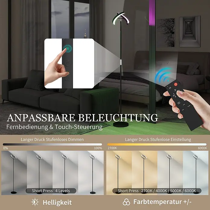 Homcom Stehleuchte - 30 W, Höhe: 188 cm, Schwarz, Schwarz - Schwarze Stehleuchte mit gebogenem LED-Kopf, Helligkeit und Farbtemperatur per Touch oder Fernbedienung einstellbar.