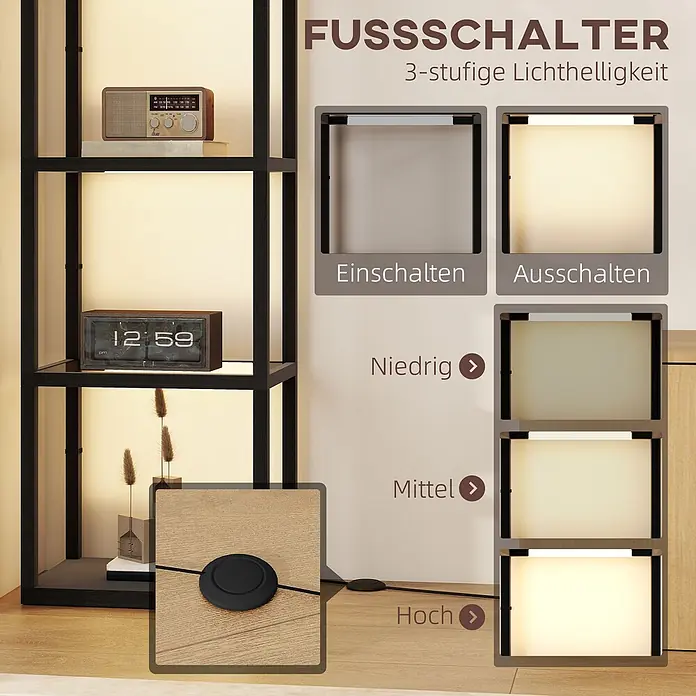 Homcom Stehleuchte - 35 W, Höhe: 157 cm, Schwarz, Schwarz - Dunkles Regal mit integrierter warmweißer LED-Beleuchtung, steuerbar über einen schwarzen Fußschalter mit 3 Helligkeitsstufen.