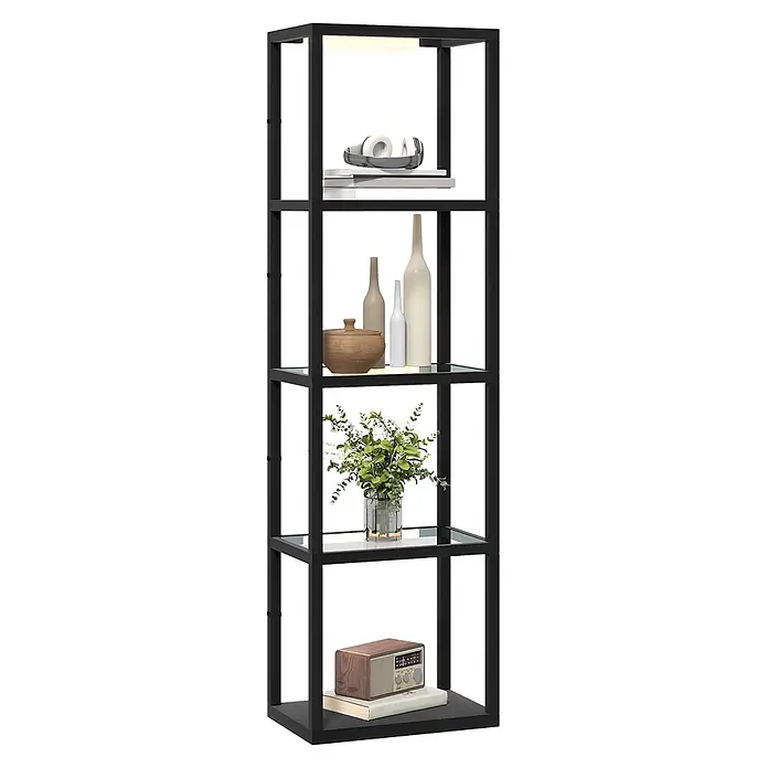 Homcom Stehleuchte - 35 W, Höhe: 157 cm, Schwarz, Schwarz - Hohes schwarzes Metall-Displayregal mit Glasböden und integrierter Beleuchtung, das Dekoartikel und Bücher präsentiert.