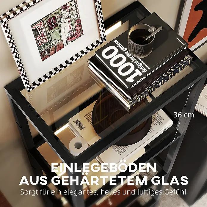 Homcom Stehleuchte - 35 W, Höhe: 157 cm, Schwarz, Schwarz - Regal mit schwarzem Metallrahmen und Einlegeböden aus gehärtetem Glas, 36 cm hoch, für ein elegantes, luftiges Gefühl.
