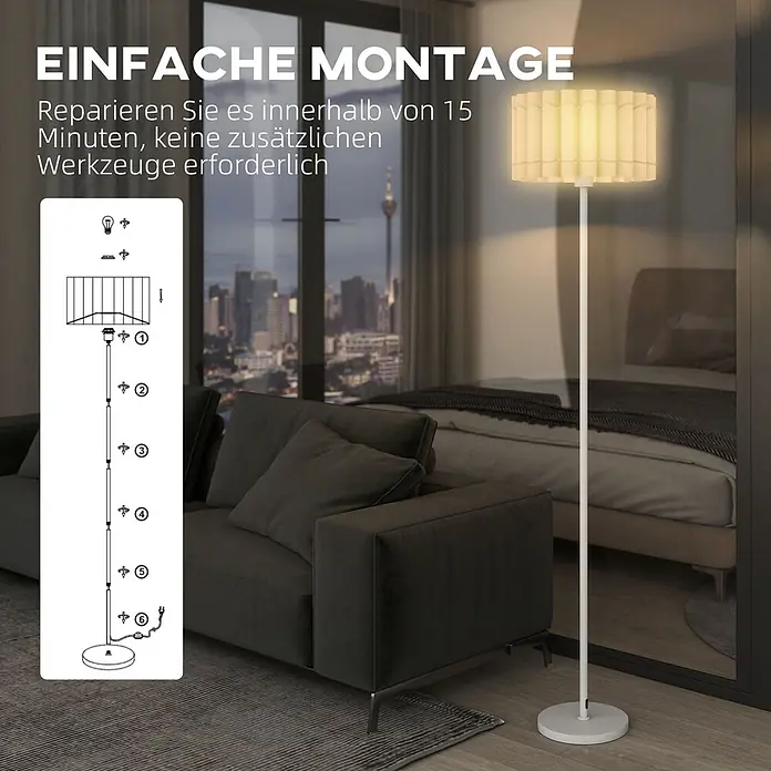 Homcom Stehleuchte - 40 W, Weiß, Weiß, E27 - Weiße Stehlampe mit plissiertem Schirm in modernem Wohnzimmer. Das Montage-Diagramm zeigt die einfache Einrichtung.