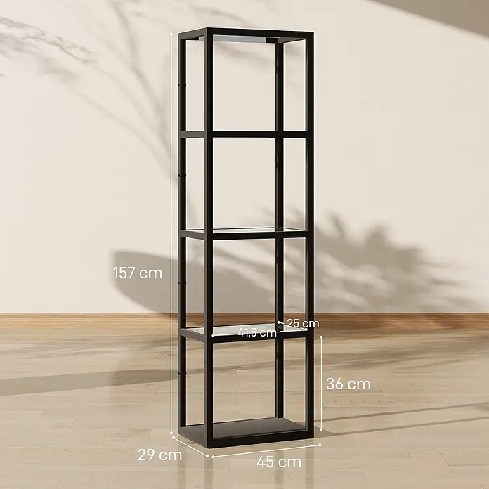 Homcom Stehleuchte - 35 W, Höhe: 157 cm, Schwarz, Schwarz - Schwarzes Metallregal mit fünf transparenten Glasböden, Maße angegeben.