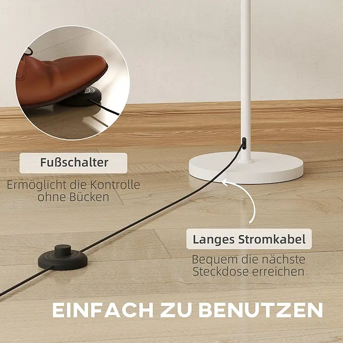 Homcom Stehleuchte - 40 W, Weiß, Weiß, E27 - Bodenlampe mit schwarzem Fußschalter für einfache Bedienung und langem Stromkabel für flexible Platzierung.