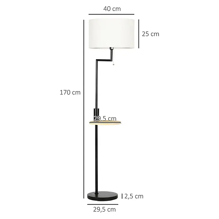 Homcom Stehleuchte - 40 W, Höhe: 170 cm, Schwarz, Weiß, E27 - Hohe schwarze Stehlampe mit weißem Stoffschirm und integrierter runder Ablage, im modernen Design.