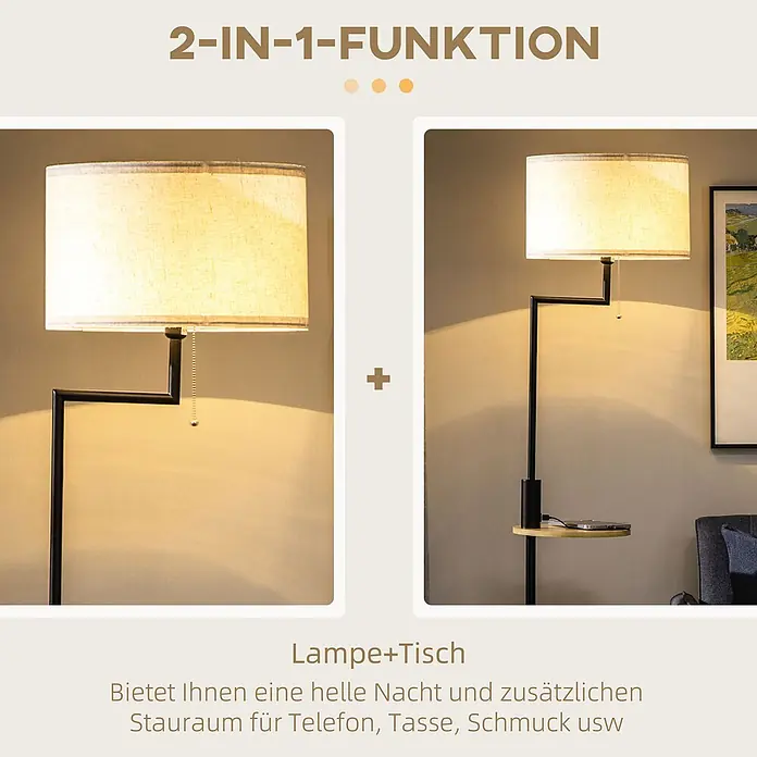 Homcom Stehleuchte - 40 W, Höhe: 170 cm, Schwarz, Weiß, E27 - Schwarze Stehlampe mit Stoffschirm und integriertem Holztisch mit USB-Ladefunktion, in Wohnumgebung.