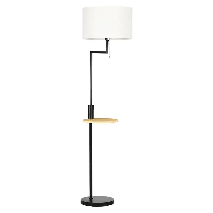 Homcom Stehleuchte - 40 W, Höhe: 170 cm, Schwarz, Weiß, E27 - Stehlampe aus schwarzem Metall mit weißem Stoffschirm und integrierter runder Holzablage.