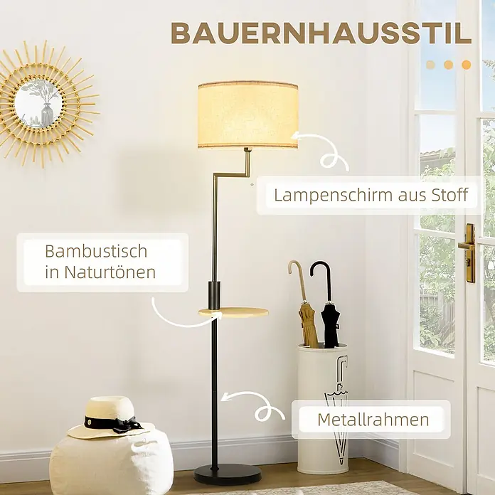 Homcom Stehleuchte - 40 W, Höhe: 170 cm, Schwarz, Weiß, E27 - Ländliche Stehlampe mit Stoffschirm, Ablage aus Naturholz und schwarzem Metallrahmen.