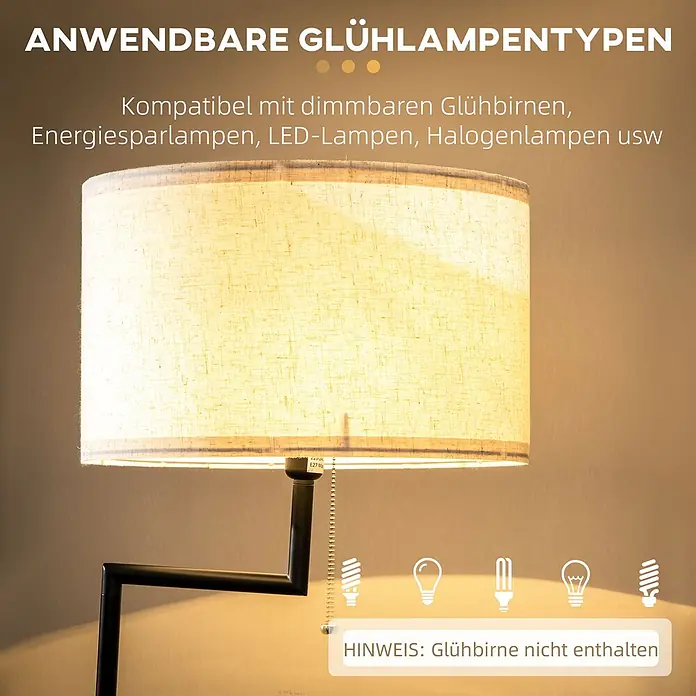 Homcom Stehleuchte - 40 W, Höhe: 170 cm, Schwarz, Weiß, E27 - Tischleuchte mit Stoffschirm, kompatibel mit dimmbaren, LED- und Energiesparlampen. Glühbirne nicht enthalten.