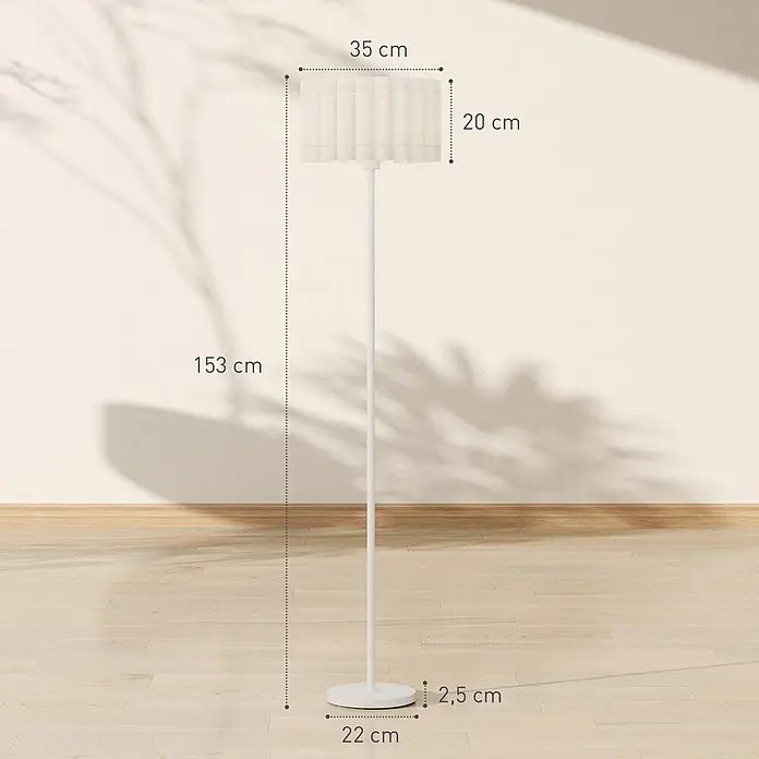 Homcom Stehleuchte - 40 W, Weiß, Weiß, E27 - Weiße Stehleuchte mit plissiertem Schirm. Abmessungen: 153 cm hoch, 35 cm Schirmbreite, 22 cm Basisdurchmesser.