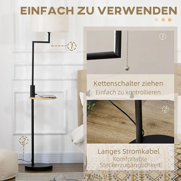 Homcom Stehleuchte - 40 W, Höhe: 170 cm, Schwarz, Weiß, E27 - Schwarze Stehlampe aus Metall mit hellem Stoffschirm, Holzablage mit Ladefunktion, Kettenschalter und langem Kabel.