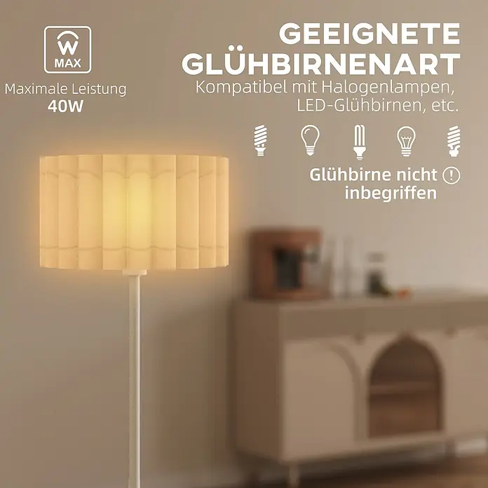 Homcom Stehleuchte - 40 W, Weiß, Weiß, E27 - Beleuchtete Stehlampe mit plissiertem, cremefarbenem Stoffschirm, mit Text zur maximalen Leistung von 40W und Glühbirnenkompatibilität.