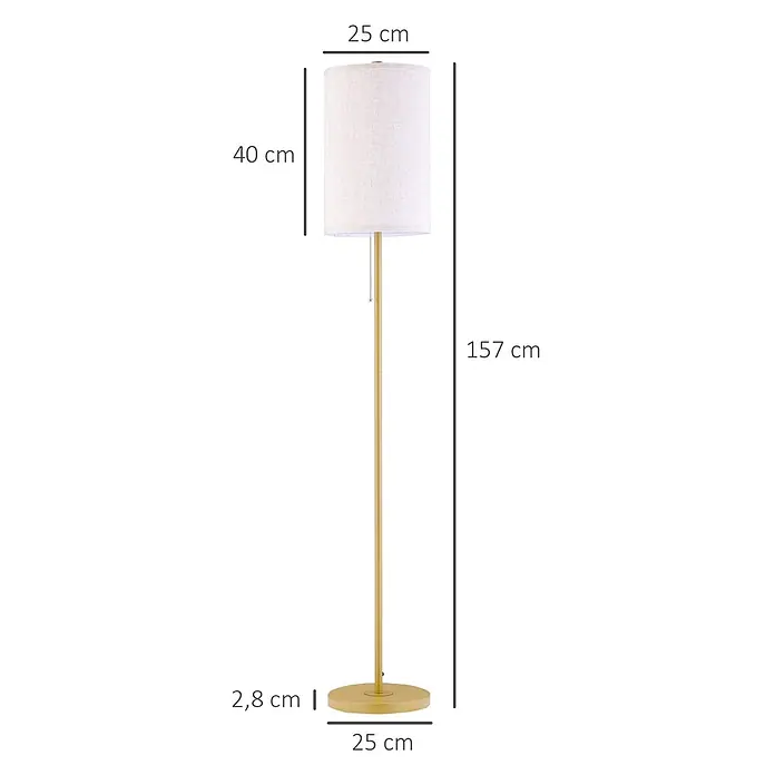 Homcom Stehleuchte - 40 W, Höhe: 157 cm, Gold, Cremeweiß, E27 - Goldfarbene Stehlampe aus Metall mit zylindrischem beigem Stoffschirm.