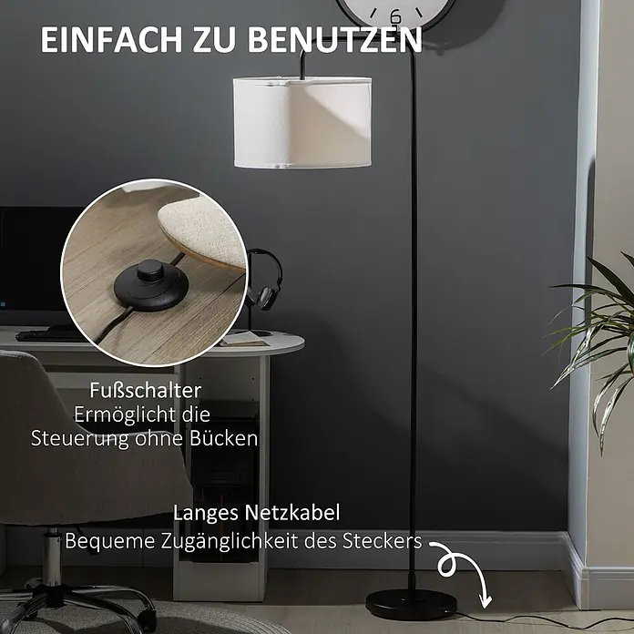 Homcom Stehleuchte - 40 W, Höhe: 163,5 cm, Schwarz, Weiß, E27 - Schwarze Stehlampe mit weißem Schirm, Fußschalter zur einfachen Bedienung und langem Netzkabel für flexible Platzierung.