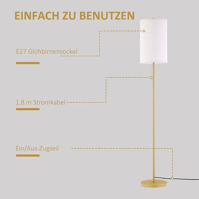 Homcom Stehleuchte - 40 W, Höhe: 157 cm, Gold, Cremeweiß, E27 - Goldene Stehlampe mit weißem Stoffschirm und praktischem Zugschalter.