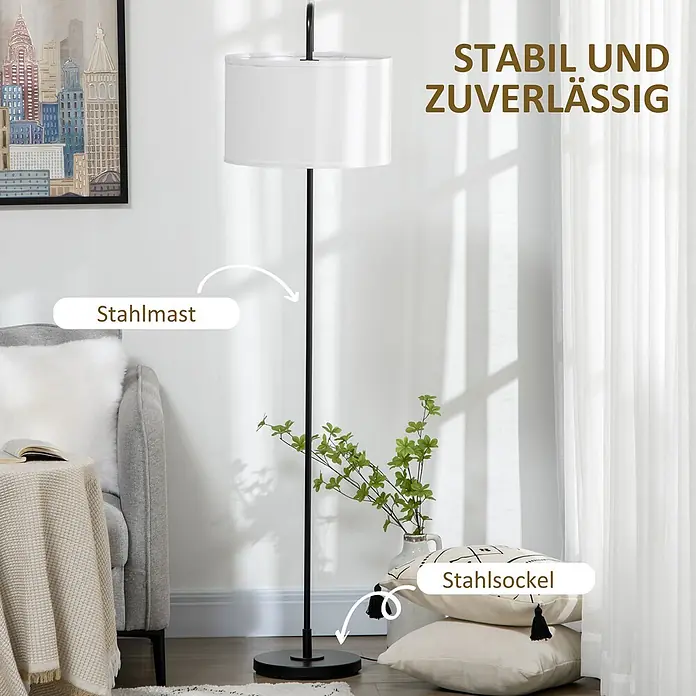 Homcom Stehleuchte - 40 W, Höhe: 163,5 cm, Schwarz, Weiß, E27 - Stabile Stehleuchte aus schwarzem Stahl mit weißem zylindrischem Schirm für Wohnräume.