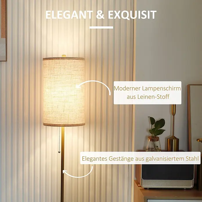 Homcom Stehleuchte - 40 W, Höhe: 157 cm, Gold, Cremeweiß, E27 - Elegante Stehlampe mit Leinenstoff-Lampenschirm und Gestänge aus galvanisiertem Stahl, die eine Zimmerecke beleuchtet.