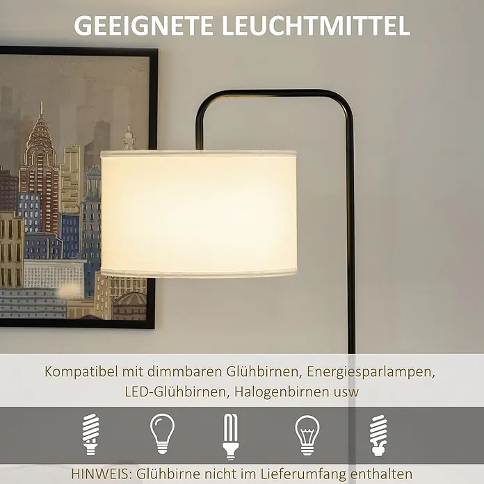 Homcom Stehleuchte - 40 W, Höhe: 163,5 cm, Schwarz, Weiß, E27 - Moderne schwarze Stehlampe mit cremefarbenem Stoffschirm, kompatibel mit dimmbaren, LED- und Halogenleuchtmitteln.
