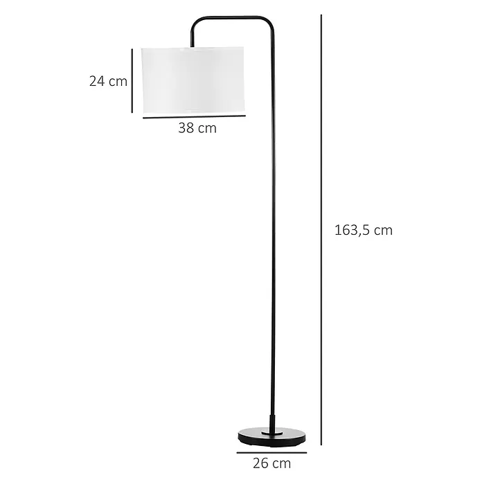 Homcom Stehleuchte - 40 W, Höhe: 163,5 cm, Schwarz, Weiß, E27 - Schwarze Bogen-Stehlampe mit weißem Stoffschirm. Gesamthöhe 163,5 cm, Schirm 38x24 cm, Fuß 26 cm.
