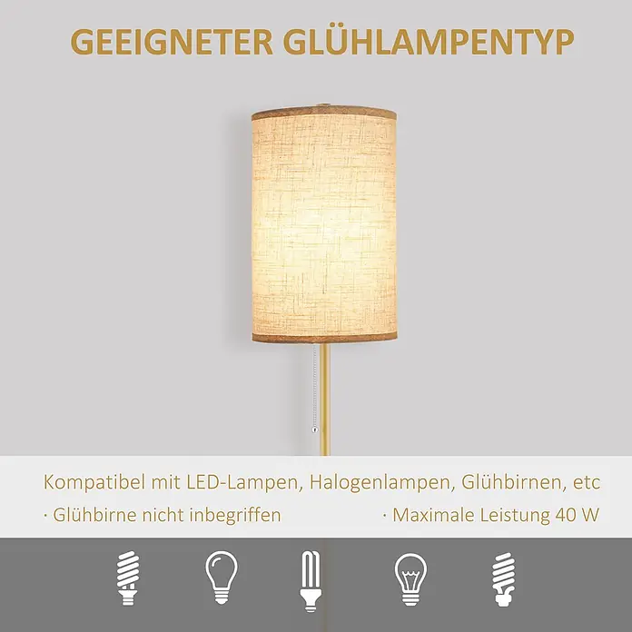 Homcom Stehleuchte - 40 W, Höhe: 157 cm, Gold, Cremeweiß, E27 - Stehleuchte mit hellem Stoffschirm, zeigt Glühbirnenkompatibilität für LED, Halogen, Glühbirnen und max. 40W.