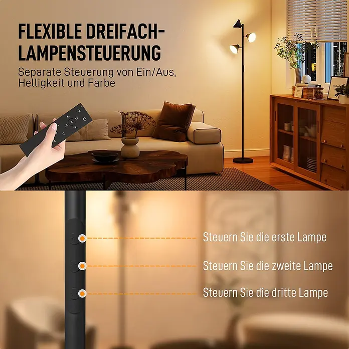 Homcom Stehleuchte - 36 W, Schwarz, Schwarz, E27 - Schwarze Stehlampe mit drei individuell steuerbaren Leuchten in einem Wohnzimmer, bedient mit Fernbedienung.