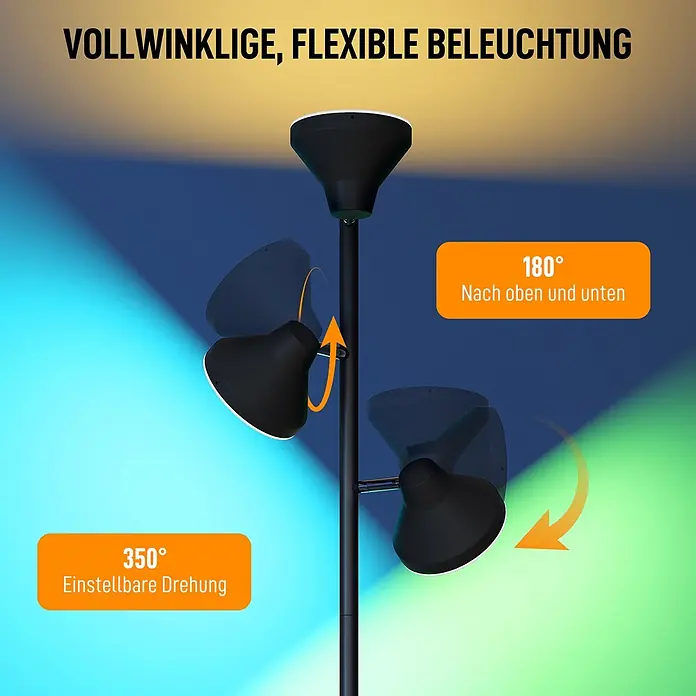 Homcom Stehleuchte - 36 W, Schwarz, Schwarz, E27 - Schwarze Stehleuchte mit flexibler Beleuchtung: zwei Strahler sind 180° vertikal und 350° horizontal verstellbar; inklusive Deckenfluter.
