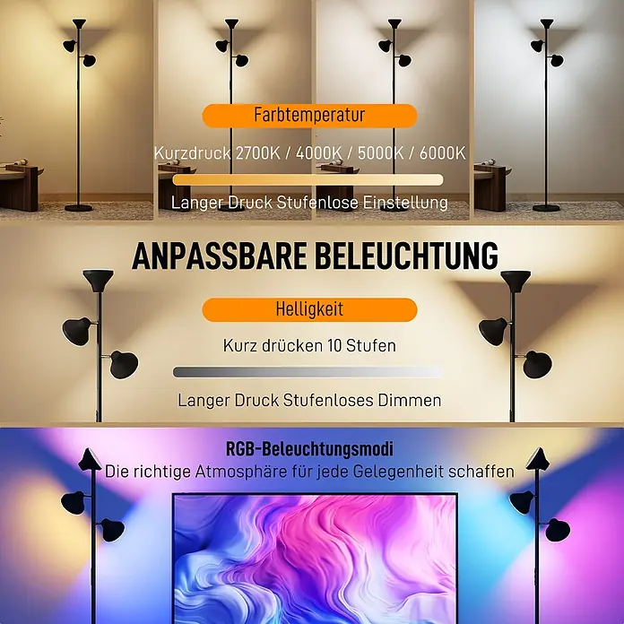 Homcom Stehleuchte - 36 W, Schwarz, Schwarz, E27 - Schwarze Stehleuchte mit mehreren Köpfen, die einstellbare Lichtfarbtemperatur, Helligkeit und RGB-Stimmungslicht zeigt.