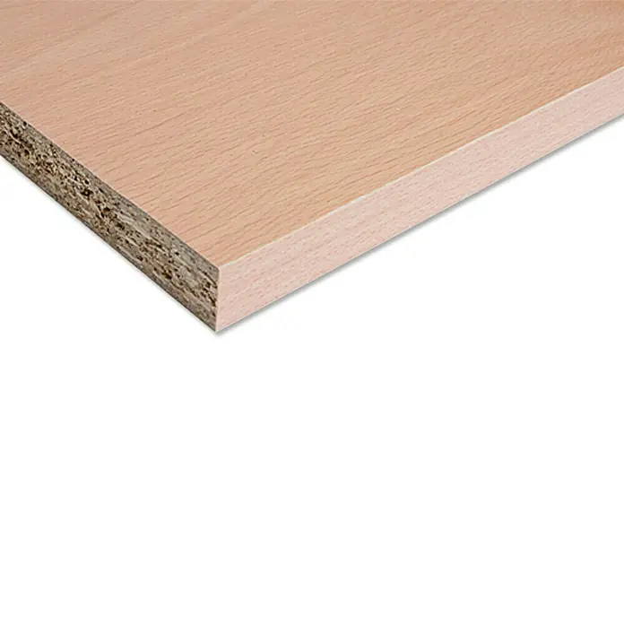 Möbelbauplatte - Buche Hell, 260 x 40 x 1,9 cm - Nahaufnahme einer Spanplatte mit einer hellen Holzmaserung. Ideal für Möbelbau und Innenausbau.