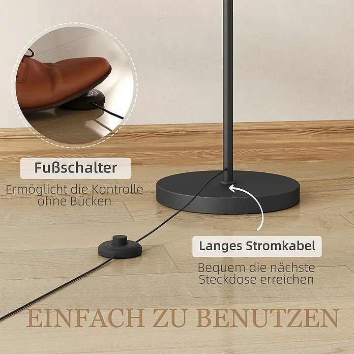 Homcom Stehleuchte - 9 W, Höhe: 159,6 cm, Schwarz, Cremeweiß, E27 - Ein Fuß betätigt den schwarzen Fußschalter einer Lampe mit langem Kabel für einfache, freihändige Bedienung und flexible Platzierung.