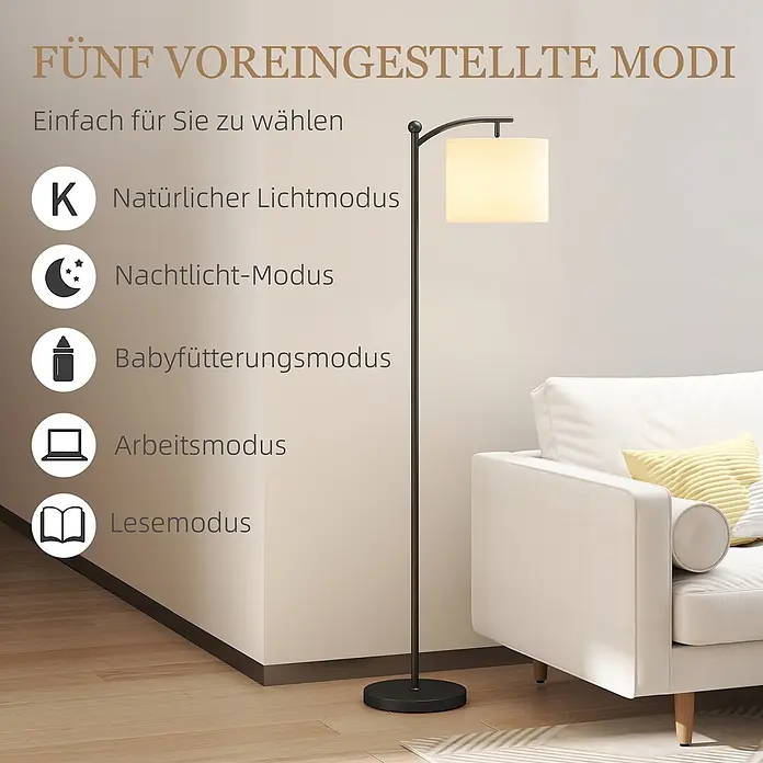 Homcom Stehleuchte - 9 W, Höhe: 159,6 cm, Schwarz, Cremeweiß, E27 - Schwarze Stehleuchte mit weißem Schirm in einem Wohnzimmer, die fünf voreingestellte Modi zeigt: Natur, Nacht, Babyfütterung, Arbeit und Lesen.