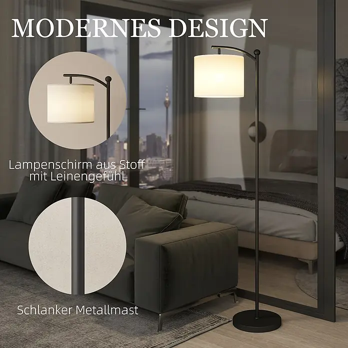 Homcom Stehleuchte - 9 W, Höhe: 159,6 cm, Schwarz, Cremeweiß, E27 - Moderne schwarze Stehlampe mit weißem Stoffschirm in stilvollem Wohnzimmer.