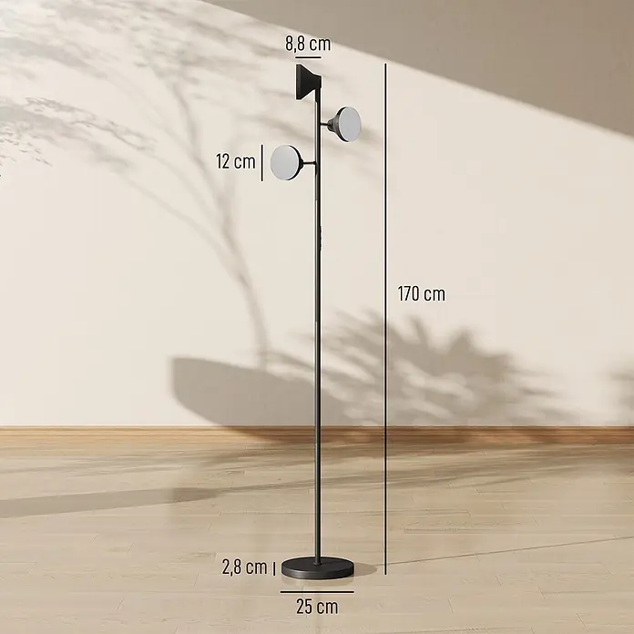 Homcom Stehleuchte - 36 W, Schwarz, Schwarz, E27 - Schwarze Stehleuchte mit zwei verstellbaren runden Strahlern. 170 cm hoch auf 25 cm Basis.