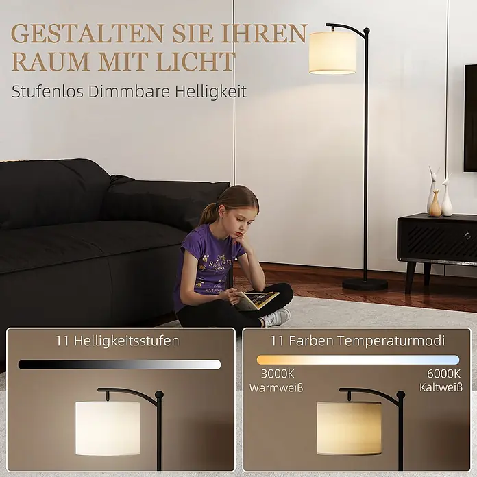 Homcom Stehleuchte - 9 W, Höhe: 159,6 cm, Schwarz, Cremeweiß, E27 - Schwarze Stehlampe mit cremefarbenem Schirm beleuchtet ein Wohnzimmer, mit 11 dimmbaren Helligkeitsstufen und 11 Farbtemperaturen von warm bis kaltweiß.