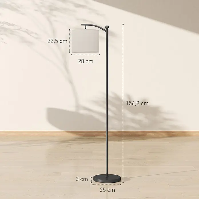 Homcom Stehleuchte - 9 W, Höhe: 159,6 cm, Schwarz, Cremeweiß, E27 - Moderne dunkelgraue Stehleuchte mit weißem Trommelschirm und gebogenem Arm, in einem Raum stehend. Gesamthöhe 156,9 cm.