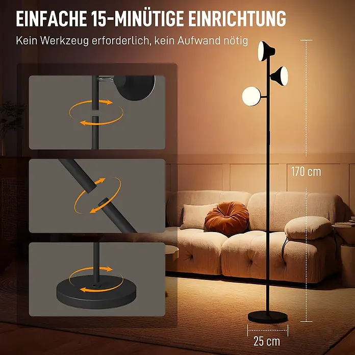 Homcom Stehleuchte - 36 W, Schwarz, Schwarz, E27 - Schwarze 170 cm Stehlampe mit drei Lichtern, einfache werkzeuglose Montage. Basis 25 cm.