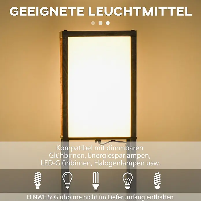 Homcom Stehleuchte - 40 W, Rustikal Braun, Weiß, E27 - Rechteckige Holzlampe, die warmes Licht abstrahlt. Kompatibel mit dimmbaren und energieeffizienten Leuchtmitteln.
