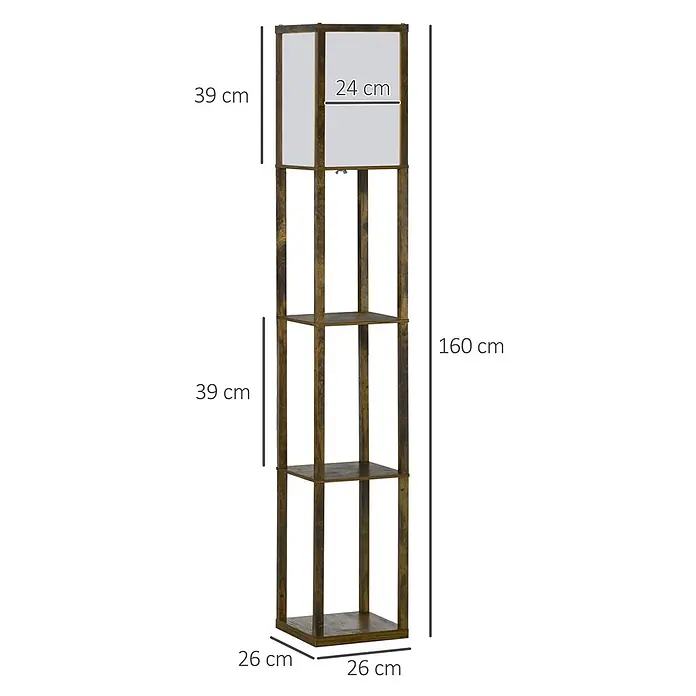 Homcom Stehleuchte - 40 W, Rustikal Braun, Weiß, E27 - Braune Holz-Stehlampe mit integrierten Regalböden. Schmal und hoch, bietet sie Licht und Stauraum.